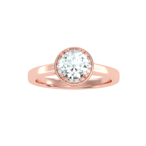 round cut bezel halo pinpointed set plain engagement ring with 18k rose gold metal and round shape diamond