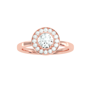 round cut bezel halo plain engagement ring with 18k rose gold metal and round shape diamond