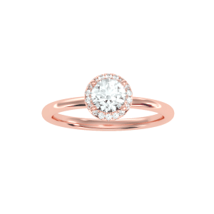 round cut petite pave halo plain engagement ring with 18k rose gold metal and round shape diamond