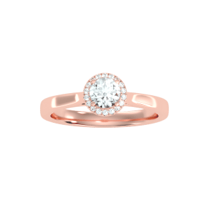 round cut halo plain tapered engagement ring with 18k rose gold metal and round shape diamond