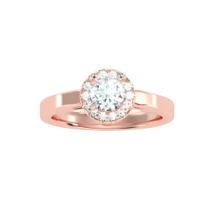 round cut halo plain flat engagement ring with 18k rose gold metal and round shape diamond