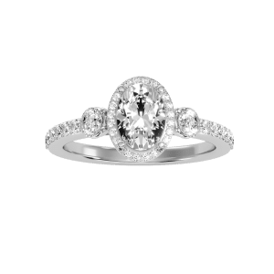 oval halo three stone pave set engagement ring with 18k rose gold metal and round shape diamond