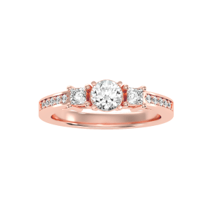 round and princess three stone channel-set engagement ring with 18k rose gold metal and round shape diamond