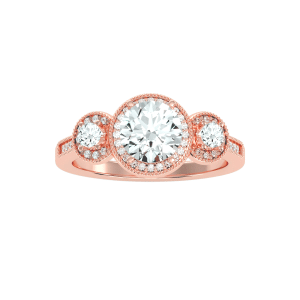 round triple halo milgrain three stone channel-set engagement ring with 18k rose gold metal and round shape diamond