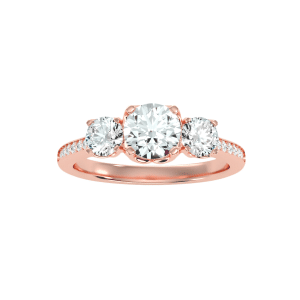 round cut three stone channel-set diamond engagement ring with 18k rose gold metal and round shape diamond