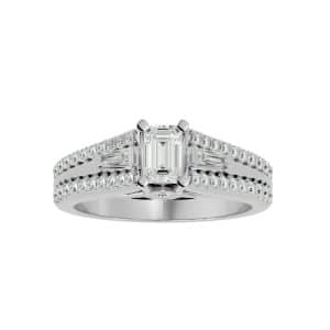 radiant cut tapered baguette side stone inner carved pave-set diamond engagment ring with 18k rose gold metal and round shape diamond