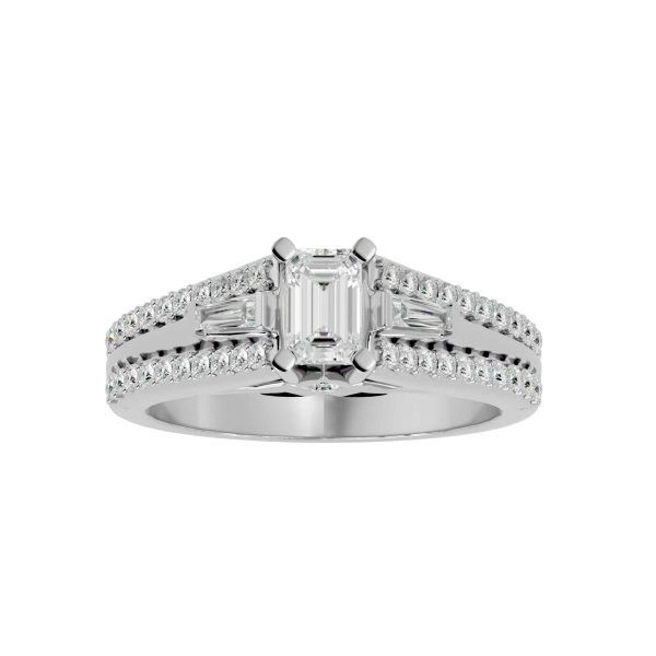 Radiant Cut Tapered Baguette Side Stone Inner Carved Pave-Set Diamond Engagment Ring
