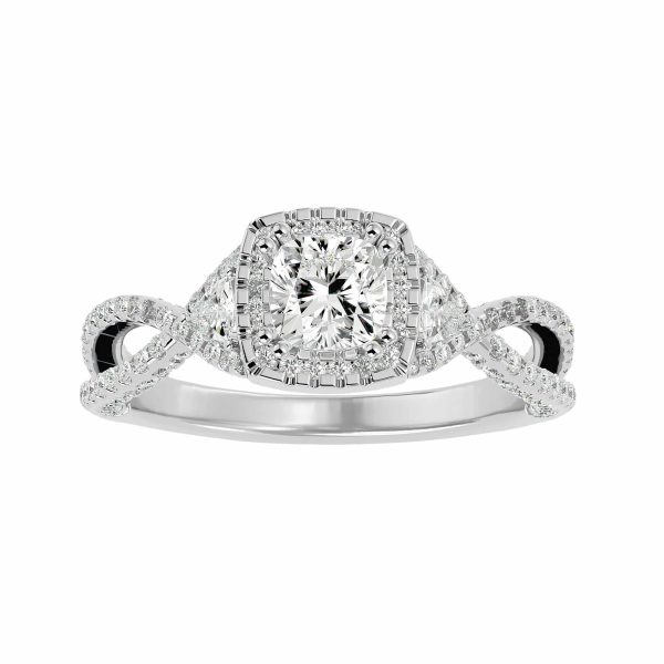 Round Cut Square Halo Trilliant Side Stone Twisted MircroPave-Set Diamond Engagement Ring