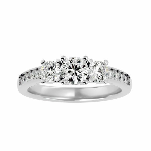 Round Cut Deep Channel Pave-Set Diamond Three Stone Engagement Ring