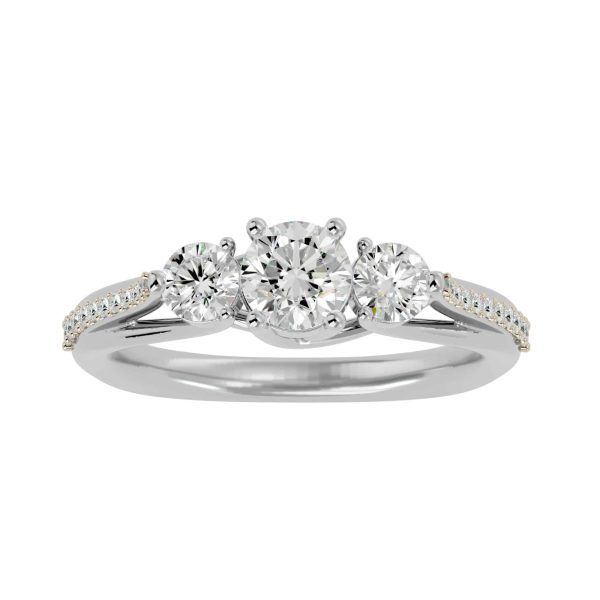 Round Cut Twist Shared-Claws Bezel Diamond Three Stone Engagement Ring