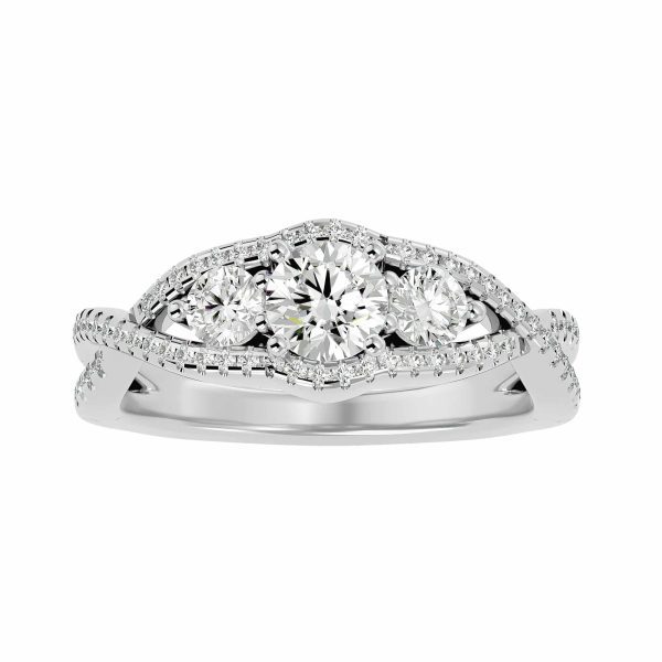 Round Cut Curved Halo Pave-Set Diamond Three Stone Engagement Ring