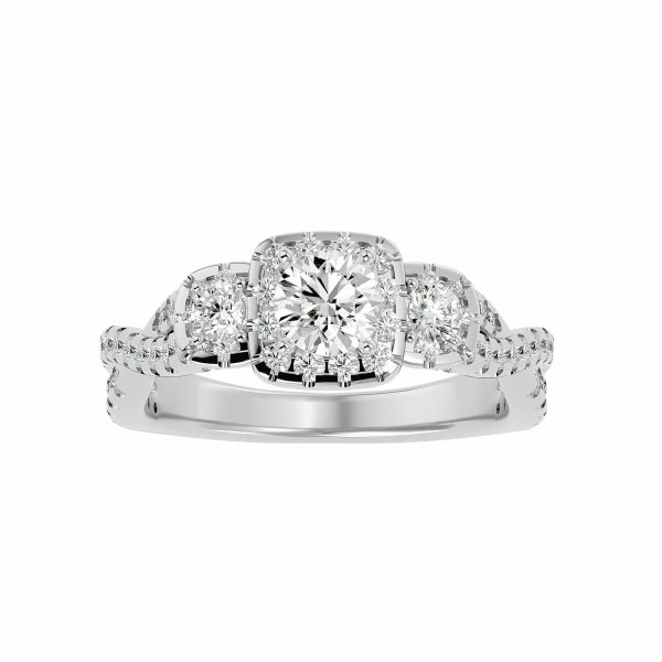 Round Cut Triple Square Halo Twisted Pave-Set Diamond Three Stone Engagement Ring