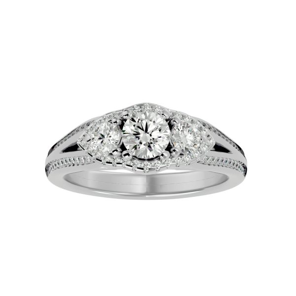 SkyGem & Co. Round Cut Split Shank Halo MicroPave-Set Diamond Three Stone Engagement Ring