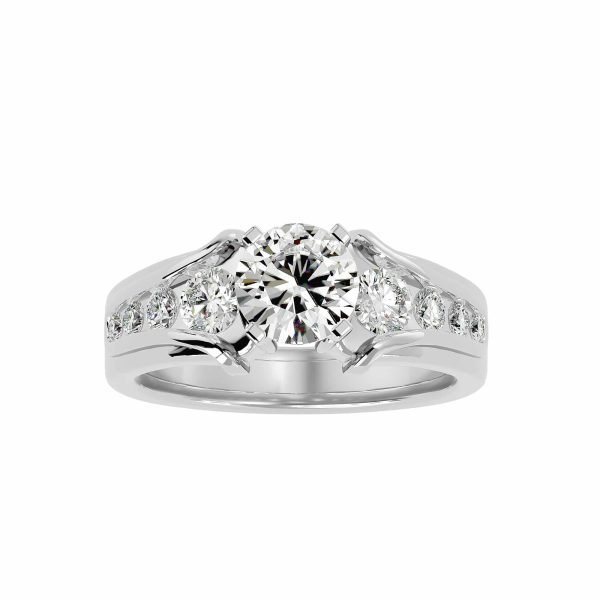 Round Cut Open Shoulder Side Stone Channel-Set Diamond Three Stone Engagement Ring