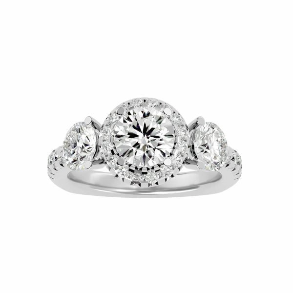 Round Cut Halo Pave-Set Diamond Three Stone Engagement Ring