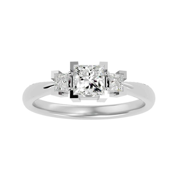Princess Cut Squared Cornered Claws Tapered Plain Band Three Stone Engagement Ring