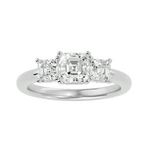 square emerald cut high dome plain band three stone engagement ring with 18k yellow gold metal and emerald shape diamond