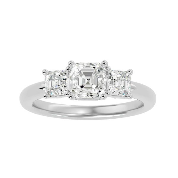 Square Emerald Cut High Dome Plain Band Three Stone Engagement Ring