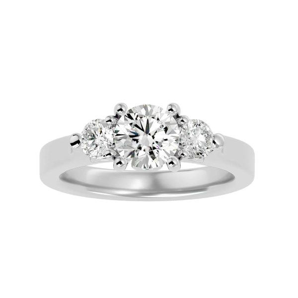 Round Cut Flower Claw Tapered Plain Band Three Stone Engagement Ring
