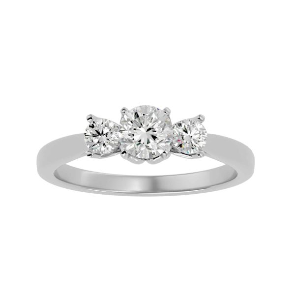 Round Cut Petite Flower Claws Tapered Plain Band Three Stone Engagement Ring
