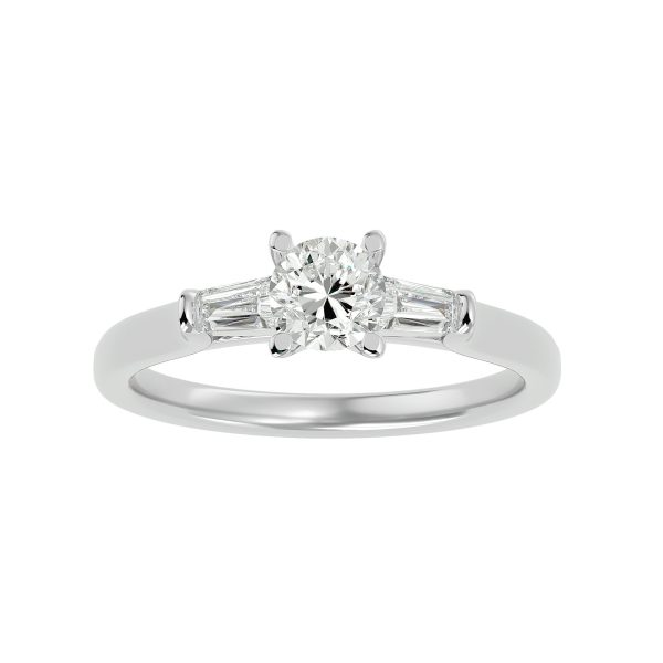 Round Cut Tapered Baguette Petite Rounded Edge Plain Band Three Stone Engagement Ring