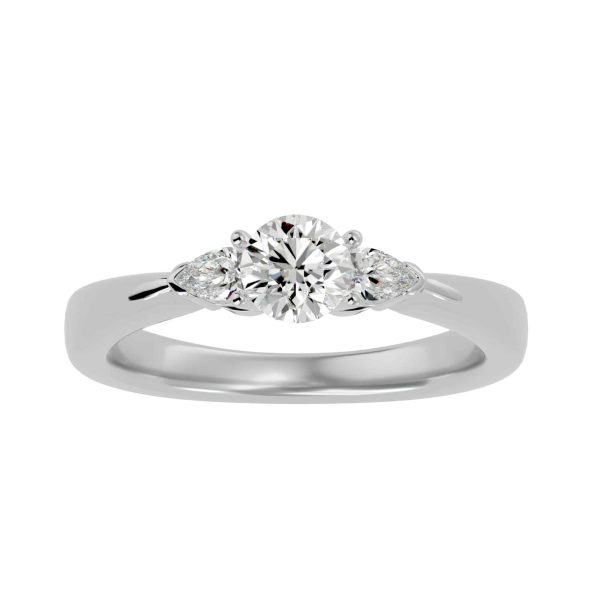 Round Cut Pear Shape Side Stone Tapered Plain Band Three Stone Engagement Ring