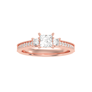 princess cut three stone milgrain channel-set engagement ring with 18k rose gold metal and princess shape diamond