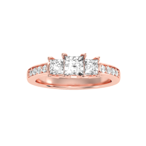 princess shape three stone diamond engagement ring with 18k rose gold metal and princess shape diamond