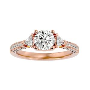 round trillion diamond three stone micropave set engagement ring with 18k rose gold metal and round shape diamond