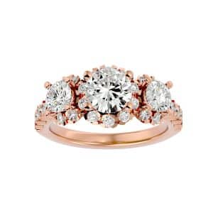 round cut three stone triple halo scallop-set diamond engagement ring with 18k rose gold metal and round shape diamond