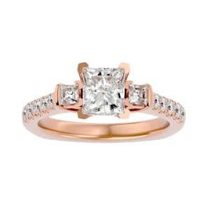 princess cut three stone pave-set diamond engagement ring with 18k rose gold metal and princess shape diamond