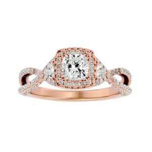 round cut square halo trilliant side stone twisted mircropave-set diamond engagement ring with 18k rose gold metal and round shape diamond