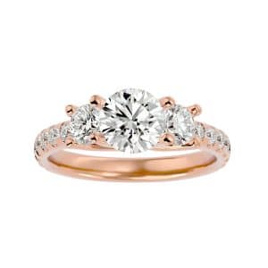round cut shared claws pave-set diamond three stone engagement ring with 18k rose gold metal and round shape diamond