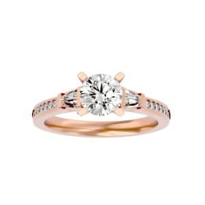 round cut trapezoid side stone channel-set diamond three stone engagement ring with 18k rose gold metal and round shape diamond