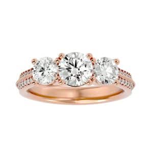 round cut milgrain double pinpoint-set diamond three stone engagement ring with 18k rose gold metal and round shape diamond