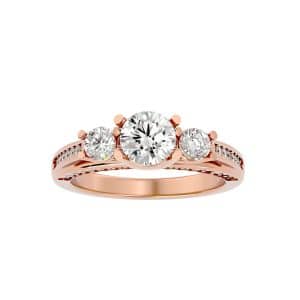 round cut tall should micropave-set bridge diamond three stone engagement ring with 18k rose gold metal and round shape diamond