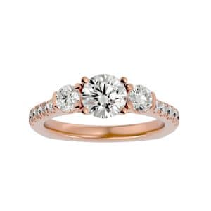round cut floating bezel pave-set diamond three stone engagement ring with 18k rose gold metal and round shape diamond