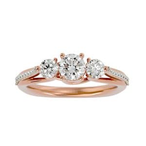 round cut twist shared-claws bezel diamond three stone engagement ring with 18k rose gold metal and round shape diamond