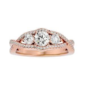 round cut curved halo pave-set diamond three stone engagement ring with 18k rose gold metal and round shape diamond