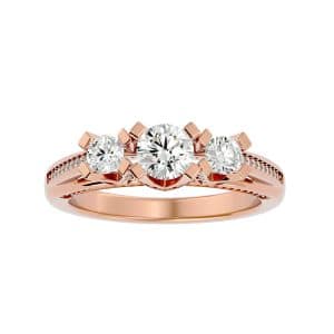 lucy round cut v bridged pinpoint-set diamond three stone engagement ring with 18k rose gold metal and round shape diamond