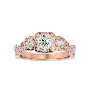 round cut triple square halo twisted pave-set diamond three stone engagement ring with 18k rose gold metal and round shape diamond