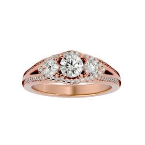 skygem & co. round cut split shank halo micropave-set diamond three stone engagement ring with 18k rose gold metal and round shape diamond