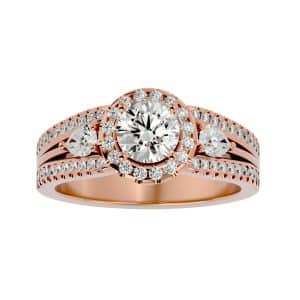 round cut split band halo pear shape side stone pave-set diamond three stone engagement ring with 18k rose gold metal and round shape diamond