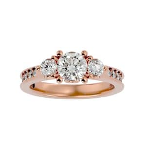 round shape deep channel pave-set diamond three stone engagement ring with 18k rose gold metal and round shape diamond