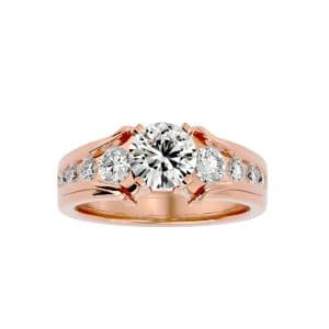 round cut open shoulder side stone channel-set diamond three stone engagement ring with 18k rose gold metal and round shape diamond