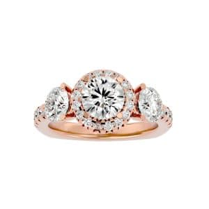 round cut halo pave-set diamond three stone engagement ring with 18k rose gold metal and round shape diamond