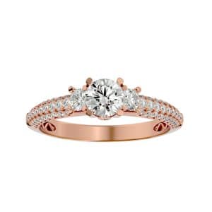 round cut inner wave carved all side micropave-set diamond three stone engagement ring with 18k rose gold metal and round shape diamond