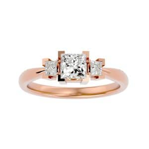 princess cut squared cornered claws tapered plain band three stone engagement ring with 18k rose gold metal and princess shape diamond