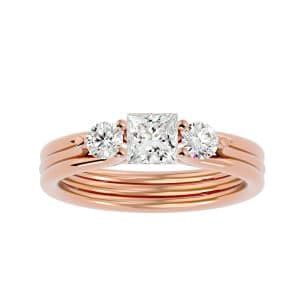 princess cut round side stones triple railed plain band three stone engagement ring with 18k rose gold metal and princess shape diamond