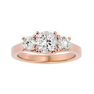 round cut rounded edge comfort fit plain band three stone engagement ring with 18k rose gold metal and round shape diamond